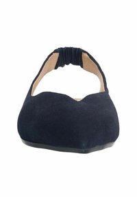 Scarpe basse in suede blu con apertura elastica, punta arrotondata e suola nera bassa. Texture liscia e design minimal.