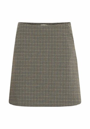 En kjol i svart och vitt houndstooth-mönster med rak silhuett och en slät textur, som har en diskret midja utan dekorationer.