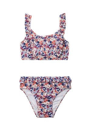 Maillot de bain deux pièces pour filles avec motif floral rouge, violet et blanc, comprenant des bretelles à volants sur le haut et une bordure à volants sur le bas.
