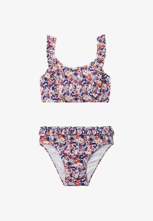 Maillot de bain deux pièces pour filles avec motif floral rouge, violet et blanc, comprenant des bretelles à volants sur le haut et une bordure à volants sur le bas.