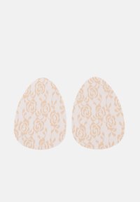 Lace flower-patterned adhesive pads, oval shape, light beige color with subtle floral design, textured surface, soft material.