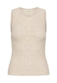 Beżowy top na ramiączkach z koronkowym, kwiatowym wzorem, o zaokrąglonym dekolcie, bez rękawów, z gładkimi krawędziami i dopasowanym krojem.