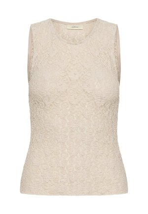 Pitsist topp helebeežis, lillemustriga tekstuuriga, ümara kaelusega ja varrukateta, silmapaistvate siledate äärte ning keha järgiva lõikega.