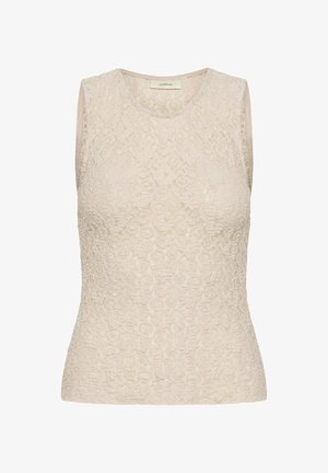 Spitzen-Top in hellem Beige mit strukturiertem Blumenmuster, rundem Ausschnitt und ärmellos, mit glatten Kanten und figurbetontem Design.