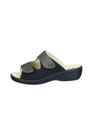 Black slide-on sandals with a textured grey upper, open toe, and Velcro straps for adjustable fit. Slightly elevated rubber sole.