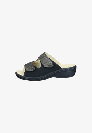 Black slide-on sandals with a textured grey upper, open toe, and Velcro straps for adjustable fit. Slightly elevated rubber sole.