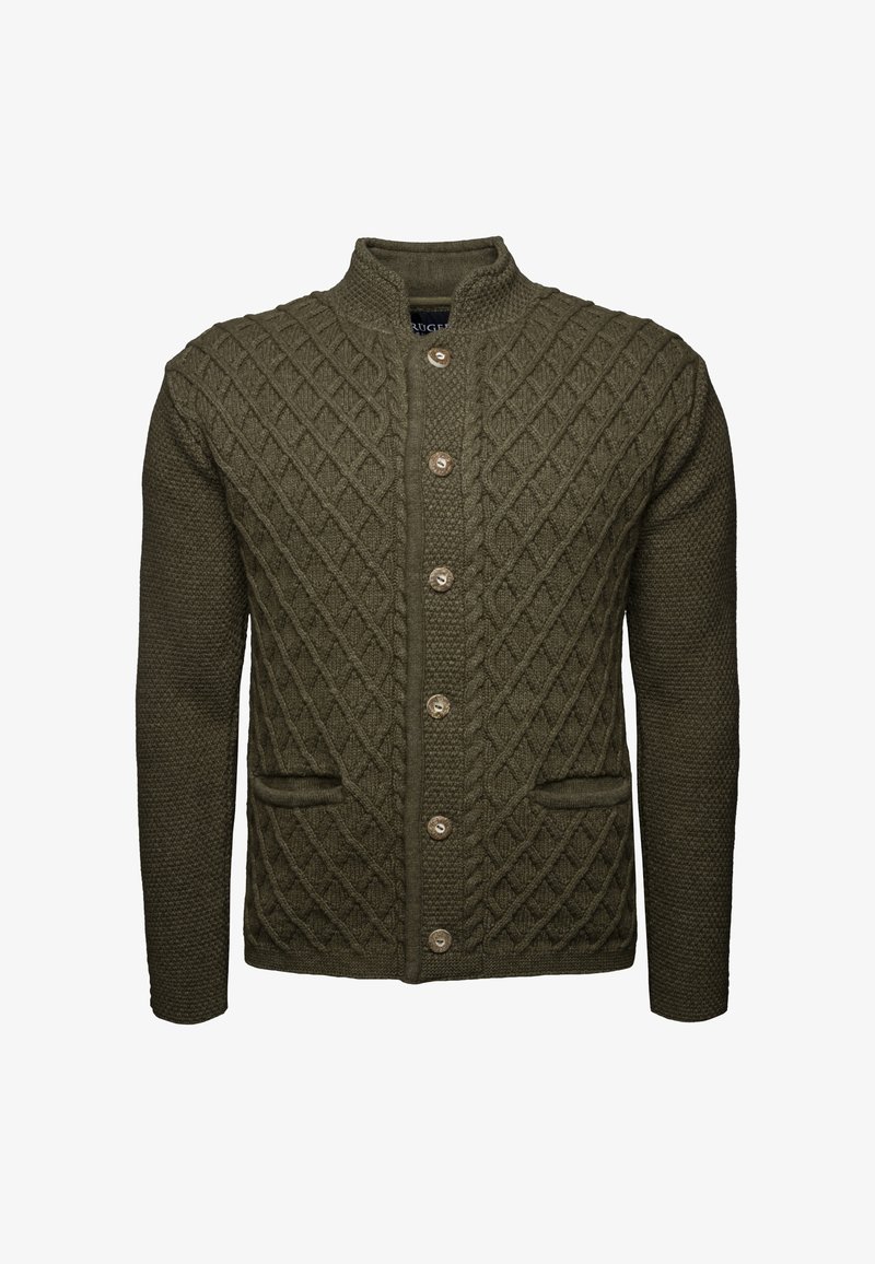 Olivově zelený pletený kardigan s diamantovými a texturovanými vzory, pěti knoflíky a dvěma předními kapsami; látka vypadá silně a teple.
