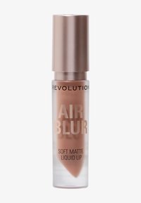 Mjuk matt flytande läppprodukt i en klar cylindrisk behållare med ett roséguldlock. Etiketten visar "AIR BLUR" och "SOFT MATTE LIQUID LIP."