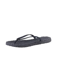Schwarze Flip-Flop-Sandale mit strukturierter gewebter Sohle und schmalen Riemen, konzipiert für den Freizeitgebrauch.