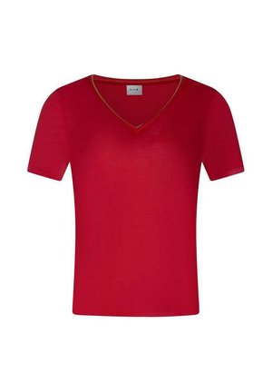 T-shirt rouge à manches courtes avec col en V, petite étiquette de marque à l'intérieur du col, design uni et coupe ajustée.