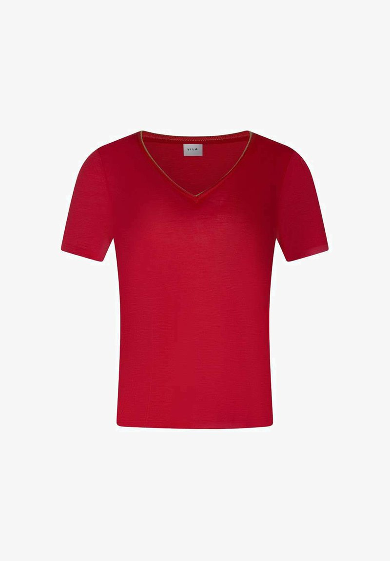 T-shirt rouge à manches courtes avec col en V, petite étiquette de marque à l'intérieur du col, design uni et coupe ajustée.