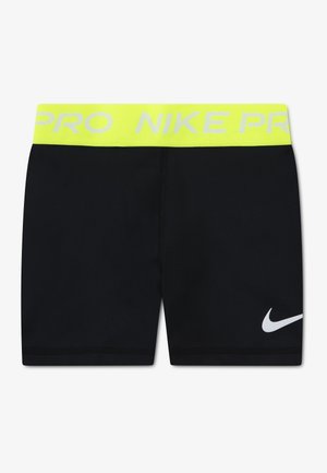 Черни спортни шорти с неоново жълт колан с надпис "NIKE PRO" и бял лого на Nike на лявия крак.