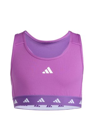 Reggiseno sportivo Adidas viola con fodera interna in rete e logo bianco sul petto e sulla fascia in vita, su sfondo bianco.