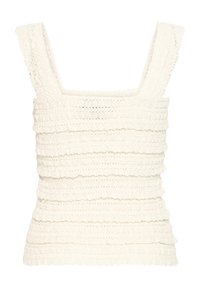 Débardeur blanc en crochet avec encolure carrée et couches horizontales de dentelle à volants.