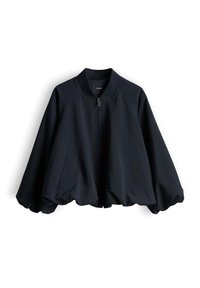 Black zip-up jacket with wide balloon sleeves and a slightly gathered hem, displayed flat on a white background.