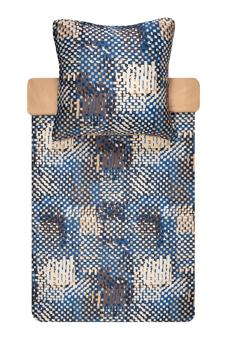 Ensemble de draps pour lit double avec un motif pixelisé bleu, beige et marron, d'une texture lisse et comprenant une taie d'oreiller assortie.