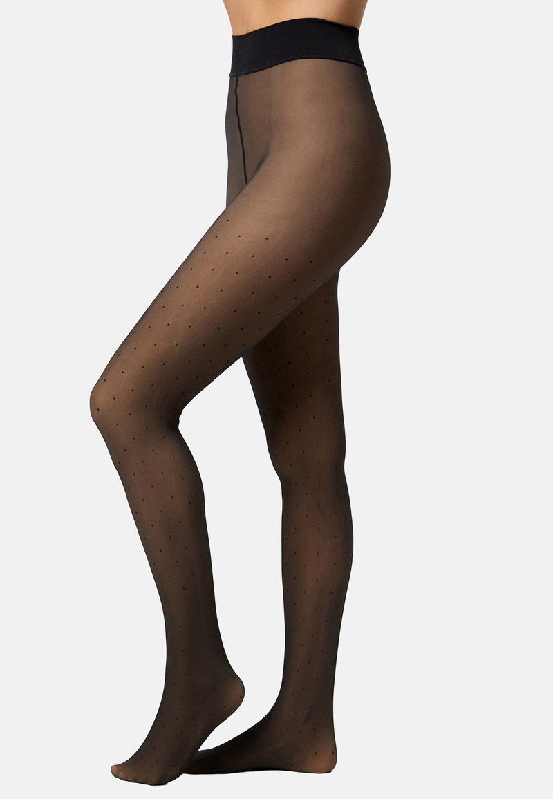 Black sheer tights with a matte finish, featuring a polka dot pattern. The waistband is smooth and elastic, providing a snug fit.