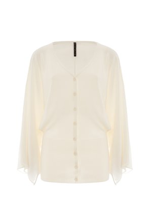 Cream-colored cardigan in lightweight fabric, featuring a V-neck, button front, and batwing sleeves with ribbed texture at the hem.