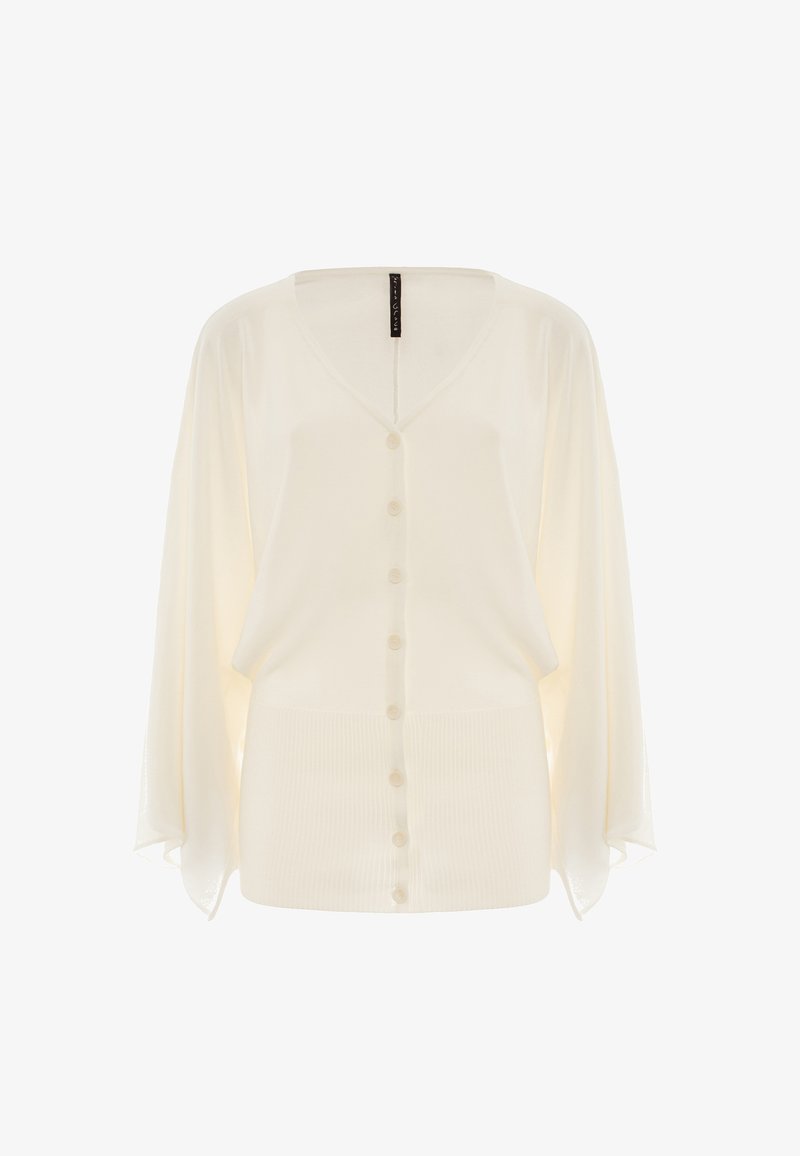 Cremefarbener Cardigan aus leichtem Material, mit V-Ausschnitt, Knopfleiste und Fledermausärmeln sowie geripptem Textil am Saum.