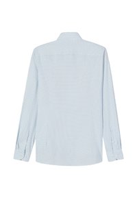 Hellblaues Langarmhemd mit kleinen dunklen Punkten, Button-Down-Kragen und Knopfmanschetten. Glatter Stoff mit klassischer Passform.