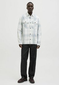 Geruite shirt in lichtblauw, wit en grijstinten, met twee borstzakken en donkere knopen, gecombineerd met donkere jeans en bruine schoenen.