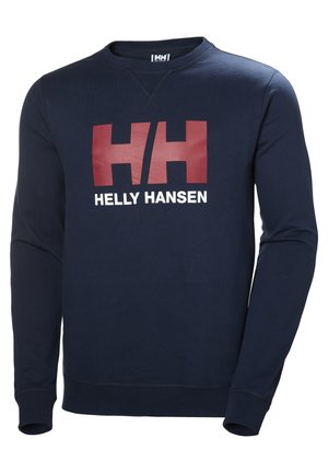 Granatowy sweatshirt z długimi rękawami, z dużym czerwonym logo "HH" i białym napisem "HELLY HANSEN" na środku. Gładka tekstura.