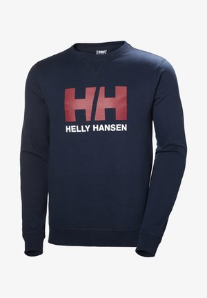 Granatowy sweatshirt z długimi rękawami, z dużym czerwonym logo "HH" i białym napisem "HELLY HANSEN" na środku. Gładka tekstura.