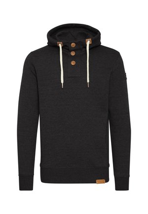 Tamsiai pilkas džemperis su priekinėmis kišenėmis, trimis mediniais mygtukais ir kreminės spalvos raišteliais, pagamintas iš tekstūruotos medžiagos su įribotais rankogaliais.