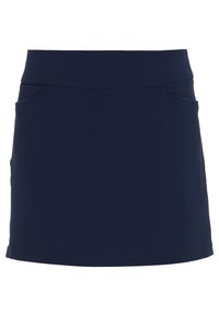Navy blue mini skirt made of smooth fabric, featuring a fitted waistband and two front pockets with a straight hem.
