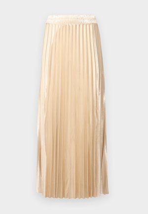 Šviesiai béžinė midi sijonas su klostėmis, pagamintas iš satino, turintis elastingą juosmens juostą ir glotnią tekstūrą, su vertikaliomis juostelėmis, kurios pabrėžia jo dizainą.