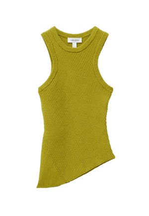 Haut sans manches en tricot côtelé vert citron avec un ourlet asymétrique et un col rond.