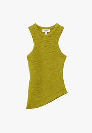 Haut sans manches en tricot côtelé vert citron avec un ourlet asymétrique et un col rond.