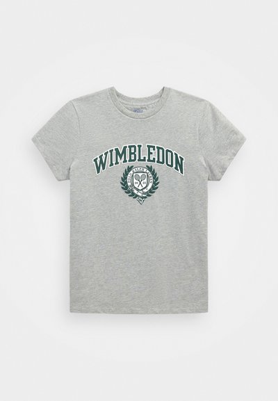 Gray cotton t-shirt featuring "WIMBLEDON" in dark green arch text, with a circular logo and tennis racket design below. Short sleeves.