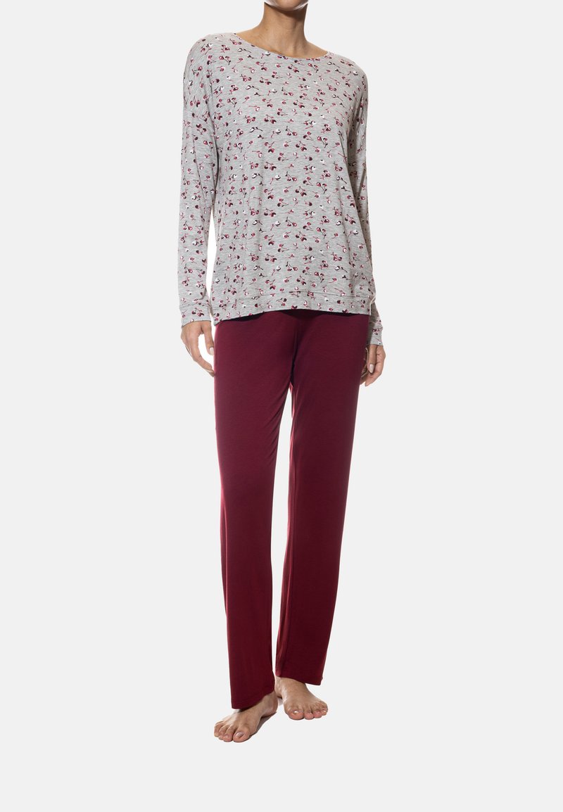 Light gray long-sleeved top with floral pattern; maroon, loose-fitting pants. Soft fabric with relaxed design, no visible hardware.