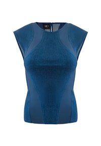 Blue sleeveless top with a fitted design, textured fabric, and contrasting smooth panels, featuring a back closure.