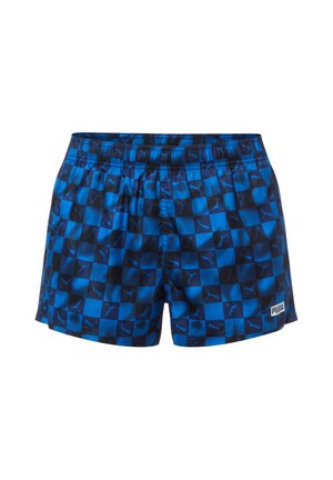 Blau-schwarz karierte Puma Badeshorts mit elastischem Bund und kleinem Puma-Logo auf der unteren linken Seite.