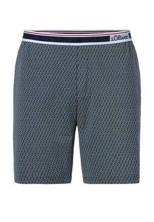 Marineblaue Shorts mit geometrischem Muster, elastischem Bund mit rotem und weißem Streifen, aus leichtem Material gefertigt.