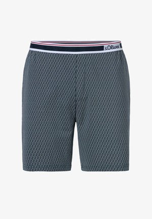 Pantaloni corti blu navy con un motivo geometrico, vita elasticizzata con una striscia rossa e bianca, realizzati in tessuto leggero.