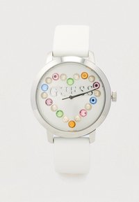 Rund hvid ur med sølvdetaljer, med en hvid urskive pyntet med farverige perler og perle-lignende detaljer samt en hvid silikonerem.
