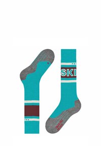 Türkisfarbene Socken mit grauen Akzenten. Sportliches Design mit horizontalen Streifen in Weiß und Kastanienbraun. Verstärkte Zehen- und Fersenbereiche.