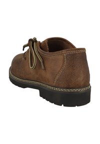 Braune Wildlederschuhe mit runder Zehenform, kontrastierenden grünen Schnürsenkeln und einer dicken schwarzen Gummisohle. Verfügt über eine Naht entlang der oberen Kante.