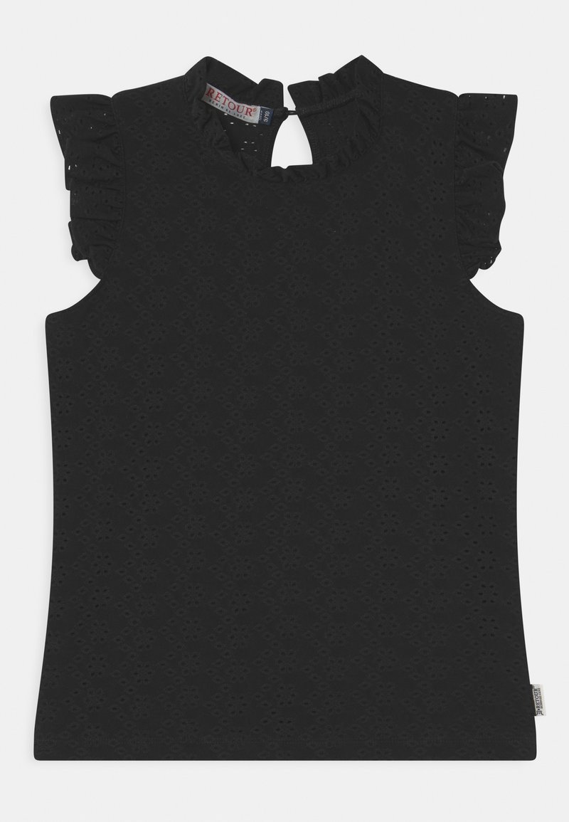 Top noir sans manches avec manches-capes volantées, motif œillet et petite ouverture dos avec bouton.