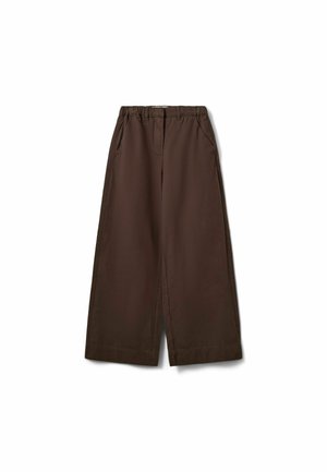 Pantalon marron à jambes larges avec taille élastique et poches latérales, présenté à plat sur fond blanc.