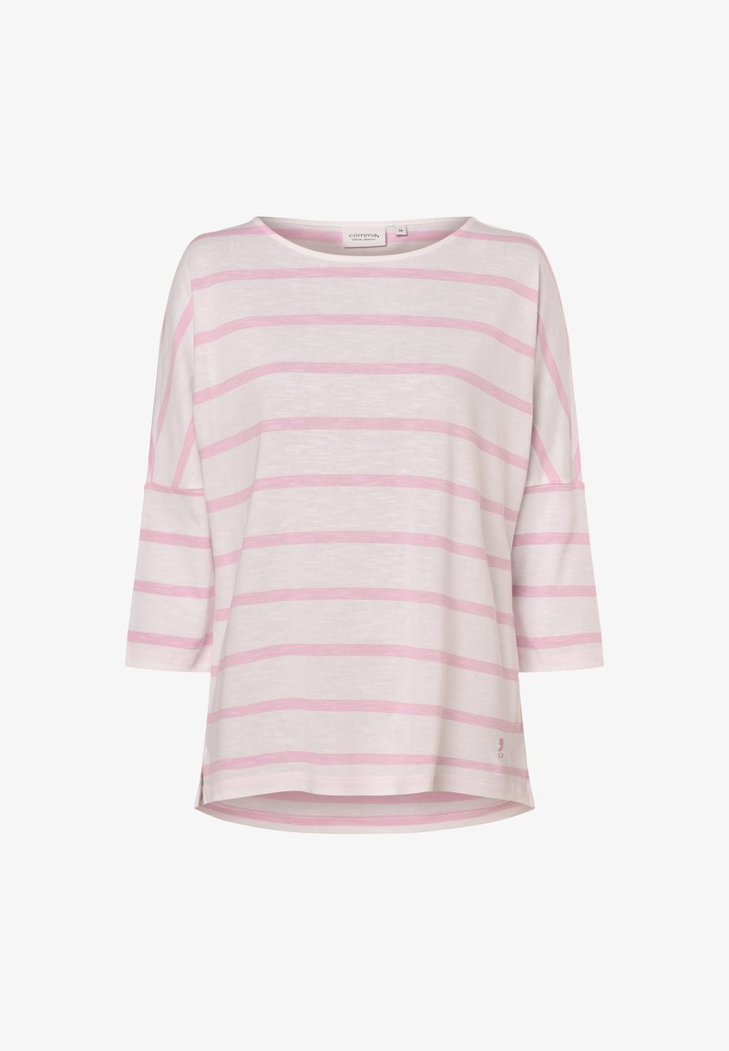 Lightweight, pink and white striped top with a round neckline and three-quarter sleeves, featuring a slightly curved hem.
