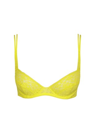 Lace bra in bright yellow with underwire support, adjustable spaghetti straps, and decorative textured pattern. Smooth finish.