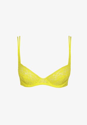 Soutien-gorge en dentelle jaune vif avec armatures, bretelles spaghetti réglables et motif texturé décoratif. Fini lisse.