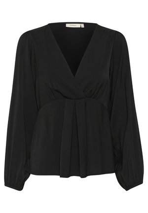 Musthave musta pikka varrukatega pluus sügava V-kaelusega, elastsete mansettidega, voltide esikus ja sujuva, kerge kangaga.