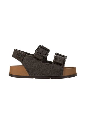 Sandalo marrone scuro con due cinturini regolabili con fibbia e suola imbottita color cuoio su sfondo bianco.
