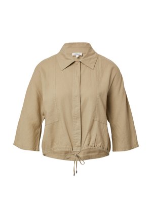 Beige cropped jack met een kraag, verstelbare touwtjes in de taille, korte mouwen en twee voorzakken. Gemaakt van lichte stof.