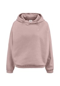 Lichtroze fleece hoodie met een trekkoordcapuchon, raglanmouwen en gespannen manchetten. Zachte textuur en logodetail op de borst.
